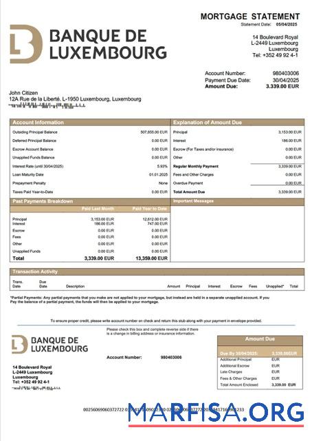 Realistic Luxembourg Banque de Luxembourg mortgage statement Word and PDF template